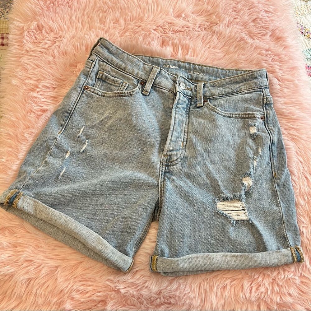 Old Navy OG Straight Hi-Rise Distressed Stretch‎ Roll Cuffed Blue Jean Shorts 6